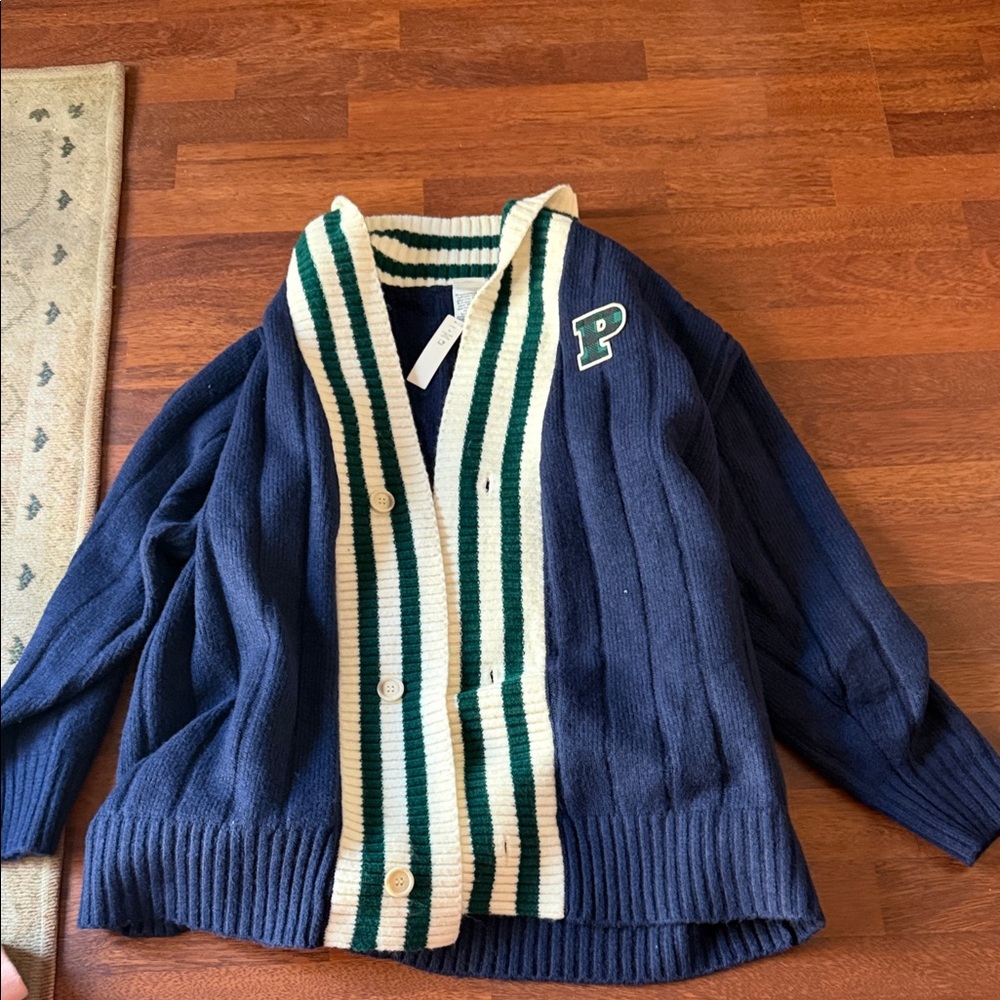Navy Blue and Cream Women’s Sweater with Green Accents